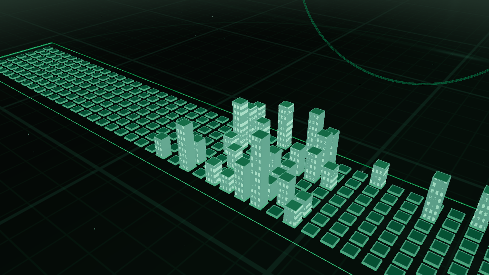 Commit City hero still: a dark skyline of green buildings at different heights. The project README captions this image as the cyb3rcricket contribution skyline.