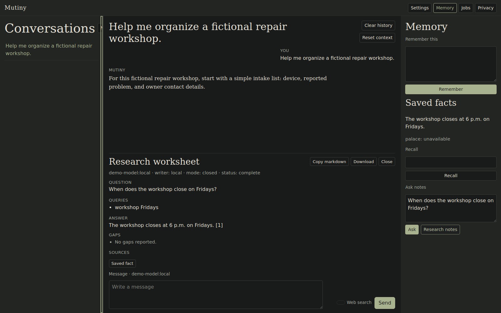 Mutiny’s real console with a fictional workshop note and test responses, showing its closed research worksheet and Memory panel.